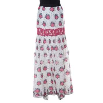 Pre Owned Philosophy di Alberta Ferretti White & Pink Cotton Floral Print Lace Insert Maxi Skirt L