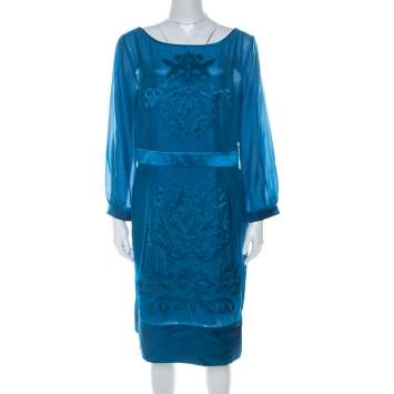 Pre Owned Philosophy di Alberta Ferretti Teal Blue Cut Out Applique Detail Silk Dress L
