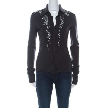 Pre Owned Philosophy Di Alberta Ferretti Dark Grey Wool Embellished Ruffle Detail Long Sleeve Top M