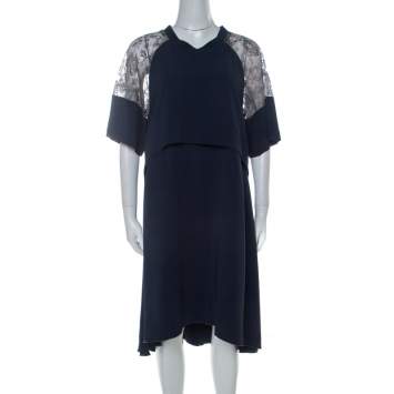 Pre Owned Philosophy Navy Blue Lace Detail Layered Shift Dress M