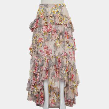 Pre Owned Philosophy Beige Floral Printed Cotton & Silk Ruffled Asymmetric Hem Midi Skirt M