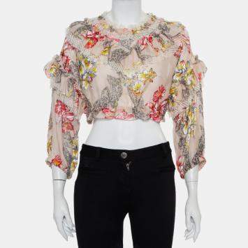 Pre Owned Philosophy Di Lorenzo Serafini Pink Floral Printed Cotton  Ruffled Crop Top M