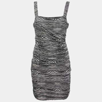 Pierre Balmain Black and White Stretch Zebra Print Draped Jersey Mini Dress L 