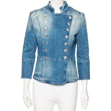 Pre Owned Pierre Balmain Blue Denim Double Breasted Band Jacket M