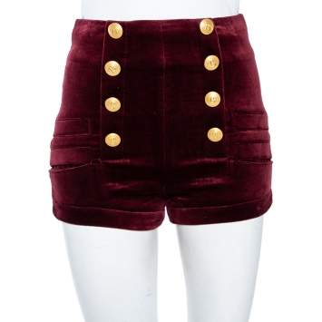 Pre Owned Pierre Balmain Maroon Velvet Button Detail High Waist Short S