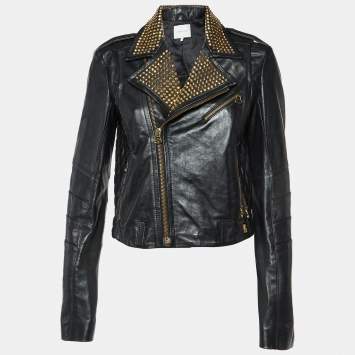 Pre Owned Pierre Balmain Black Leather Studded Biker Jacket M