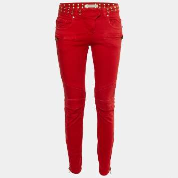 Pre Owned Pierre Balmain Red Denim Studded Slim Fit Jeans M/Waist 29"