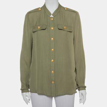 Pre Owned Pierre Balmain Military Green Silk Half Collar Button Front Shirt S 