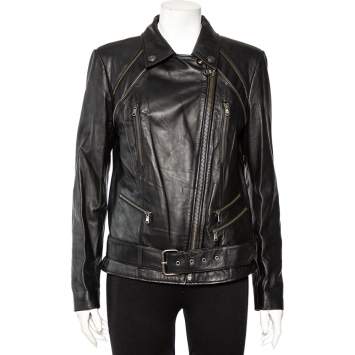 Pre Owned Pierre Balmain Black Leather Zip Front Waist Belt Detail Biker Jacket L