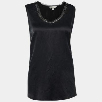 Pre Owned Pierre Balmain Black Silk Embellished Neck Detail Sleeveless Top M