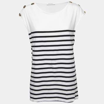 Pre Owned Pierre Balmain White/Navy Blue Striped Cotton Button Embellished Sleeveless T-Shirt L