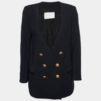 Pre Owned Pierre Balmain Black Crepe Collarless Double Breasted Jacket L