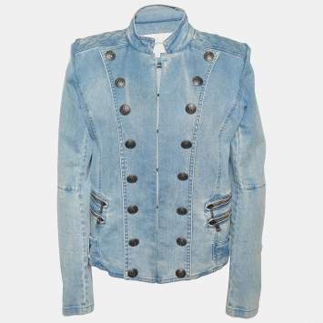 Pre Owned Pierre Balmain Blue Denim Quilted Shoulder Detail Jacket M