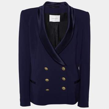 Pre Owned Pierre Balmain Navy Blue Crepe & Satin Lapel Double Breasted Blazer L