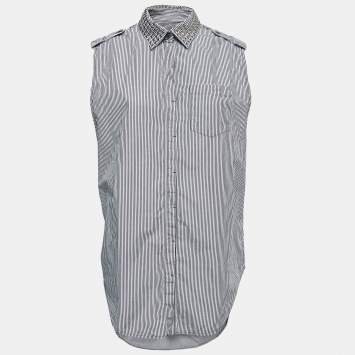Pre Owned Pierre Balmain Blue Striped Cotton Studded Detail Button Front Sleeveless Shirt M