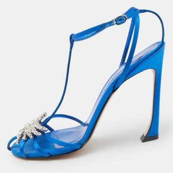 Pre Owned Pierre Balmain Blue Satin Crystal Embellished T-Strap Sandals Size 39
