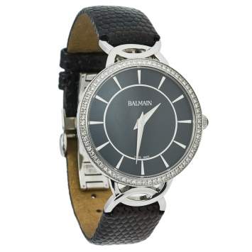 Pre Owned Balmain Black Stainless Steel Diamond Leather Christa 3175 Women's Wristwatch 32 mm