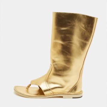 Pre Owned PIERRE HARDY Size 39 Gold Leather Thong Cut Out Ankle Length Boots