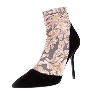 Pre Owned Pierre Hardy Black/Metallic Peach Fabric and Suede Dolly Pointed Toe Ankle Boots  Size 38.5