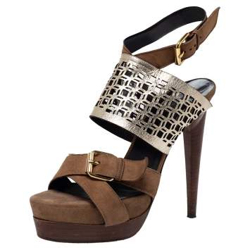 Pre Owned Pierre Hardy Brown Suede and Metallic Cut Out Leather Platform Slingback Sandals Size 39