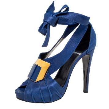 Pre Owned Pierre Hardy Blue Laminated Suede Buckle Ankle-Tie Sandals Size 38