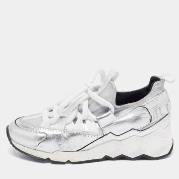 Pre Owned Pierre Hardy Silver Leather and Neoprene Low Top Sneakers Size 36