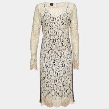 Pre Owned Pinko Beige Corded Lace Stripe Tape Detail Sheath Dress M