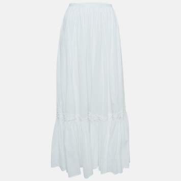 Pre Owned Polo Ralph Lauren White Lace Trim Cotton Midi Skirt M