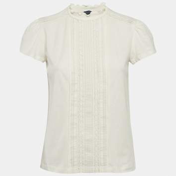 Pre Owned Polo Ralph Lauren Cream Lace Trim Jersey Ruffled Top S