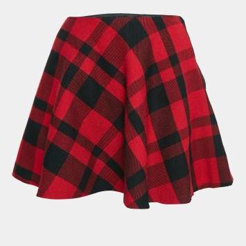 Pre Owned Polo Ralph Lauren Red Plaid Wool Flared Mini Skirt M