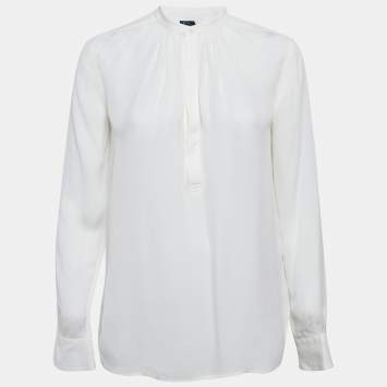 Pre Owned Polo Ralph Lauren White Silk Blend Crepe Long Sleeve Blouse S