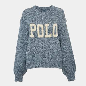 Pre Owned Polo Ralph Lauren Blue Logo Intarsia Rib Knit Crew Neck Sweater L