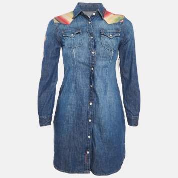 Pre Owned Polo Ralph Lauren Blue Embroidered Denim Shirt Dress XS