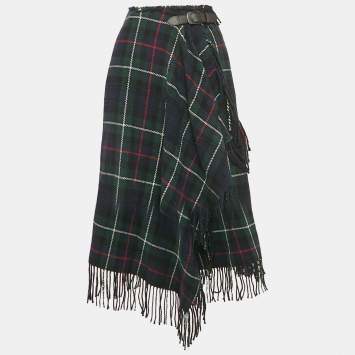 Pre Owned Polo Ralph Lauren Green Plaid Wool Fringe Trim wrap Skirt M