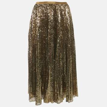 Pre Owned Polo Ralph Lauren Gold Sequin Plisse Midi Skirt XL