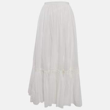 Pre Owned Polo Ralph Lauren White Lace Trim Cotton Tiered Midi Skirt L