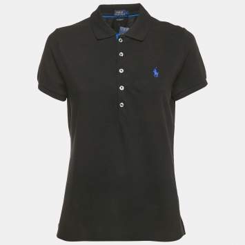 Pre Owned Polo Ralph Lauren Black Logo Embroidered Cotton Polo T-Shirt L