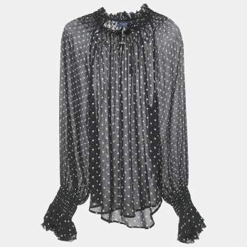 Pre Owned Polo Ralph Lauren Black Polka Dots Print Chiffon Blouse S