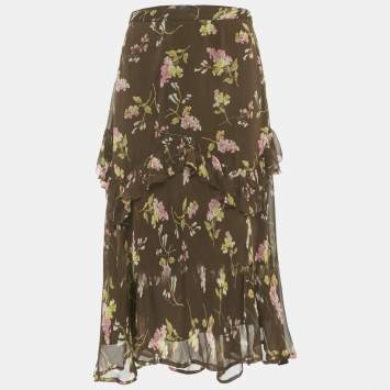 Pre Owned Polo Ralph Lauren Brown Floral Print Chiffon Ruffled Midi Skirt M