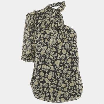 Pre Owned Polo Ralph Lauren Black Floral Print Chiffon One-Shoulder Top L