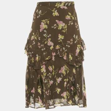 Pre Owned Polo Ralph Lauren Brown Floral Print Chiffon Ruffled Midi Skirt S