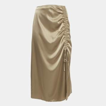 Pre Owned Polo Ralph Lauren Gold Satin Ruched Slit Detail Midi Skirt S