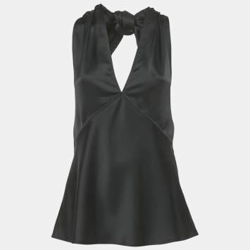 Pre Owned Polo Ralph Lauren Black Satin Plunging Neck Top L