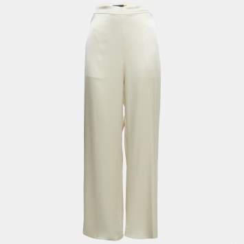 Pre Owned Polo Ralph Lauren Cream Satin Wide-Leg Trousers L
