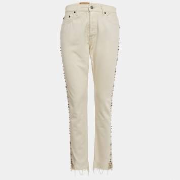 Pre Owned Polo Ralph Lauren White Studded Skinny Jeans M/Waist 28"