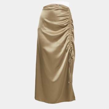 Pre Owned Polo Ralph Lauren Brown Satin Ruched Midi Skirt M