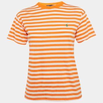 Pre Owned Polo Ralph Lauren Orange/White Striped Jersey T-Shirt S