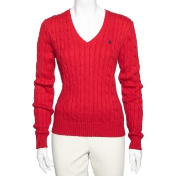 Pre Owned Polo Ralph Lauren Red Cotton Knit Kimberly V-Neck Sweater L