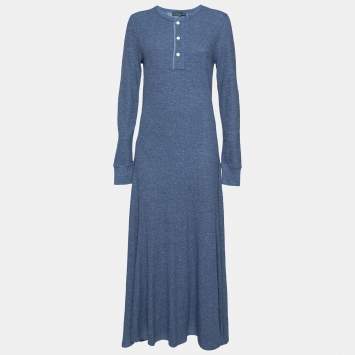 Pre Owned Polo Ralph Lauren Blue Waffle Knit Elbow Patch Detail Dress L