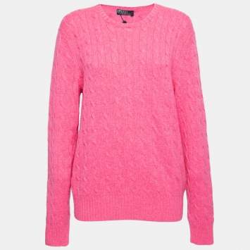 Pre Owned Polo Ralph Lauren Pink Cable Knit Cashmere Long Sleeve Jumper XL